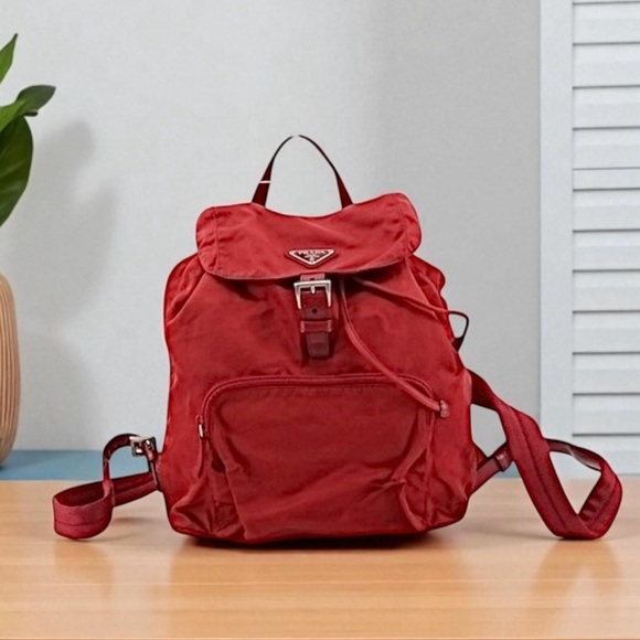 PRADA Red Nylon & Leather Triangle Backpack - Picture 1 of 15